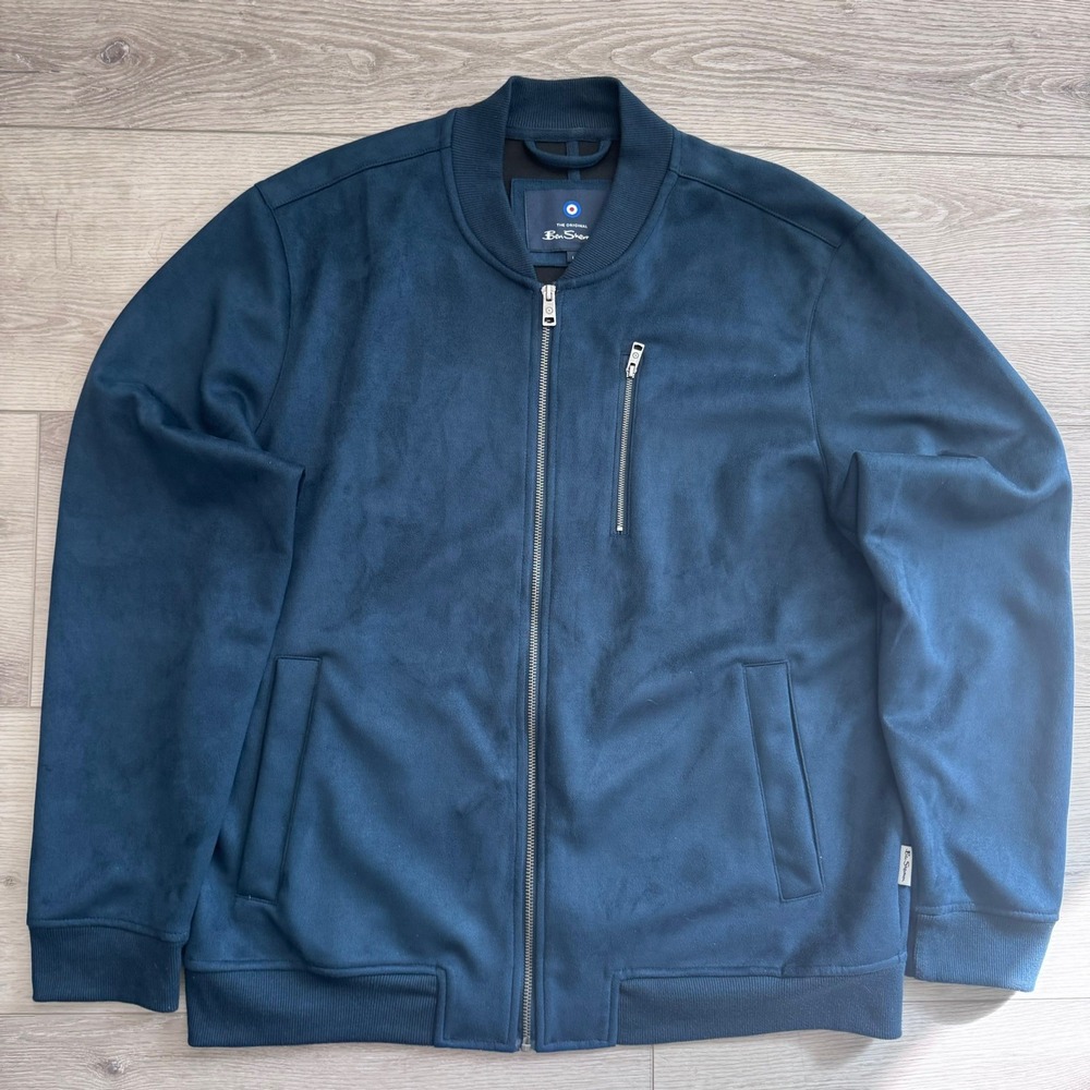 Ben Sherman Jacket faux Suede Bomber Lightweight Full Zip Navy Mens Large EUC